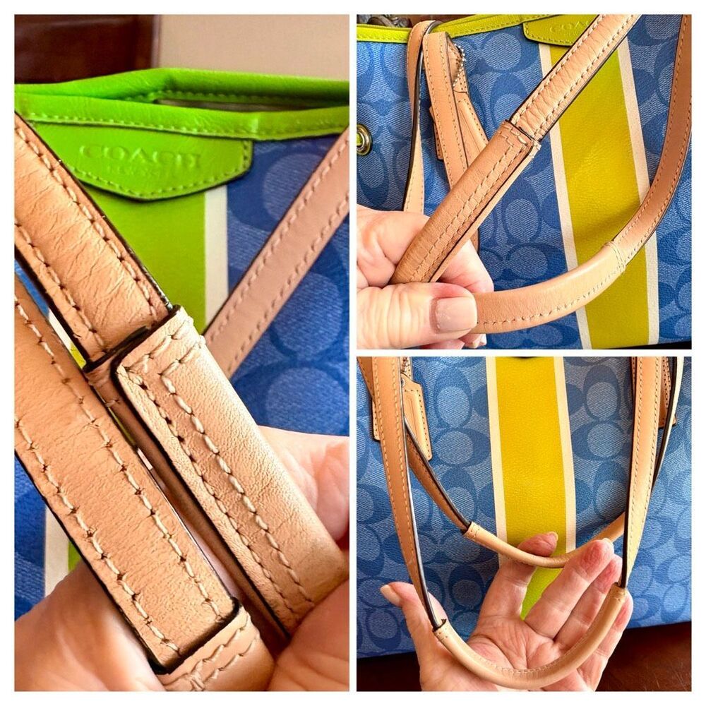 COACH  - Signature Stripe Drawstring Carryall Bag in Blue w/Lime Green Trim - Picture 12 of 14